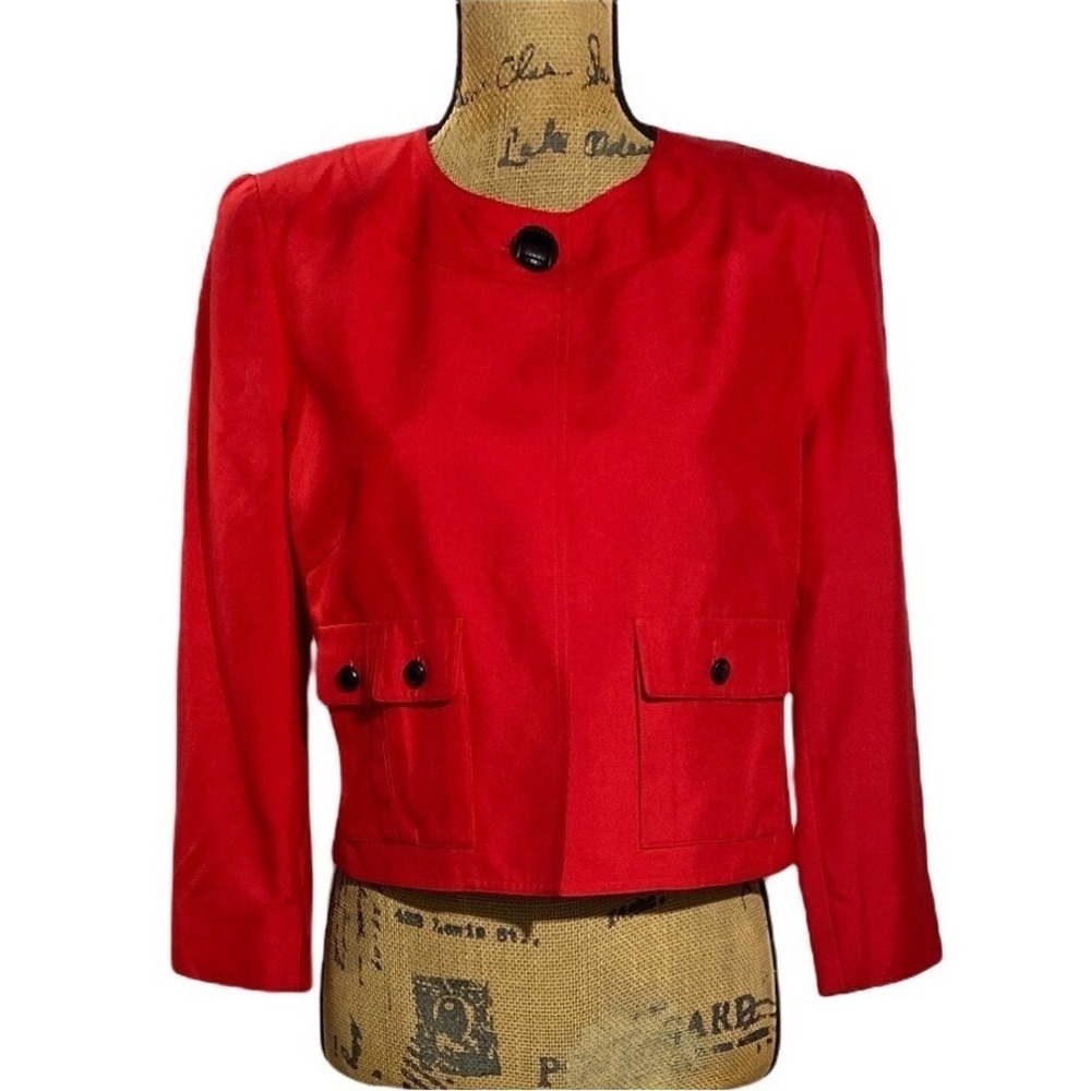 Carlisle Blazer 4 Red 100% Silk Crop Jacket Button Pockets 3/4 Sl Party Office‎